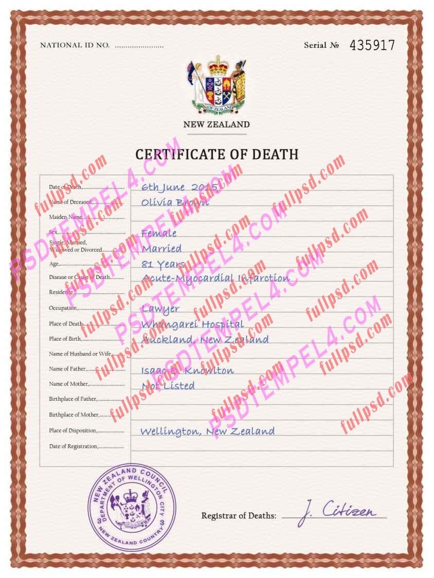 New Zealand death certificate psd