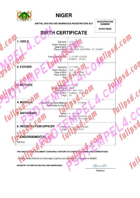 Niger Birth certificate pdf and word