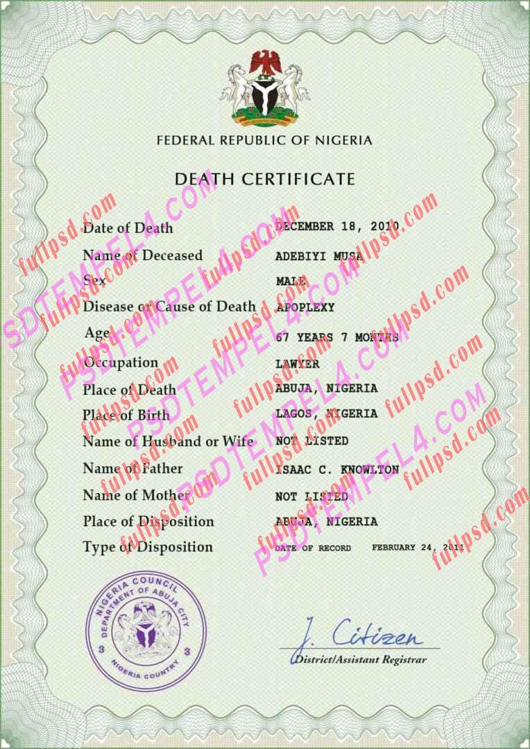 Nigeria death certificate V1 psd