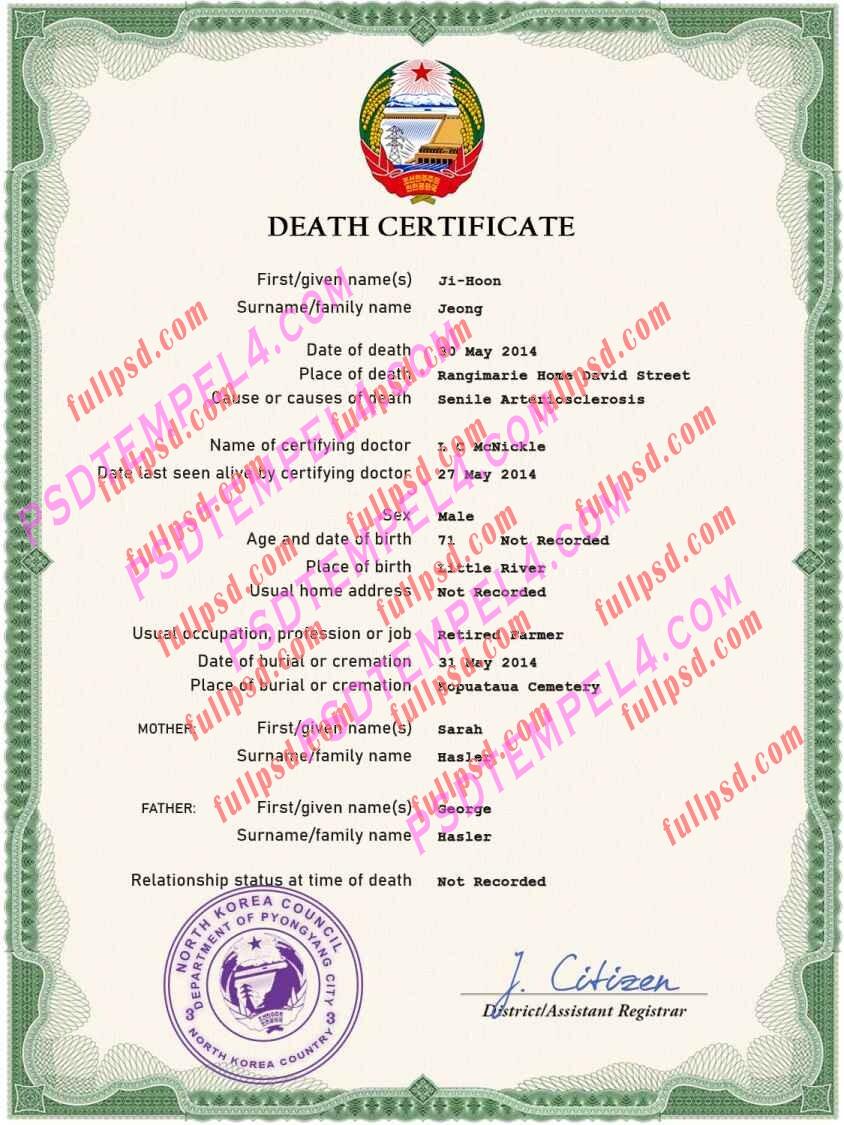 North Korea death certificate psd
