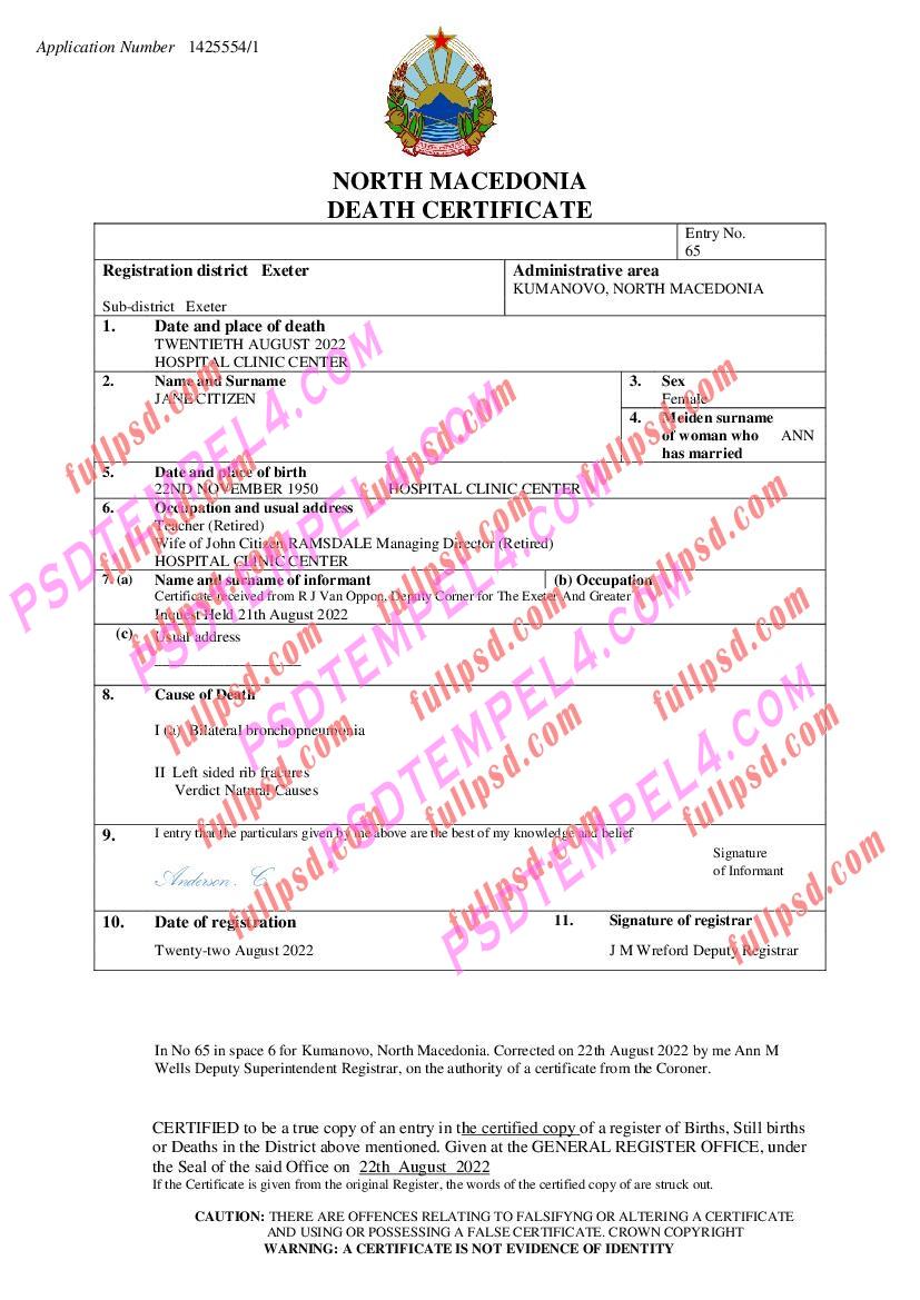 North Macedonia death certificate pdf and word