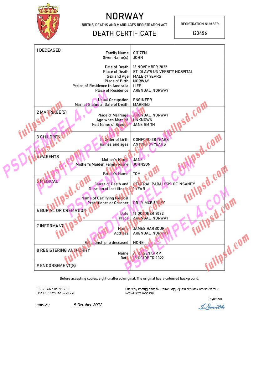 Norway death certificate pdf and word