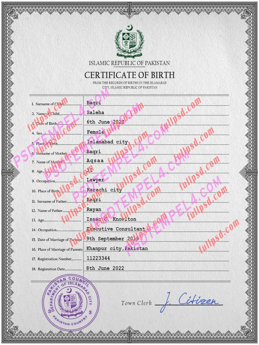 Pakistan Birth certificate PSD