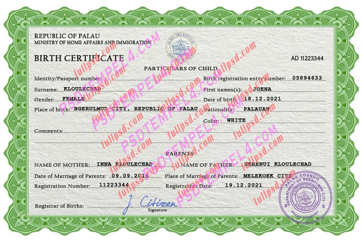 Palau Birth certificate PSD