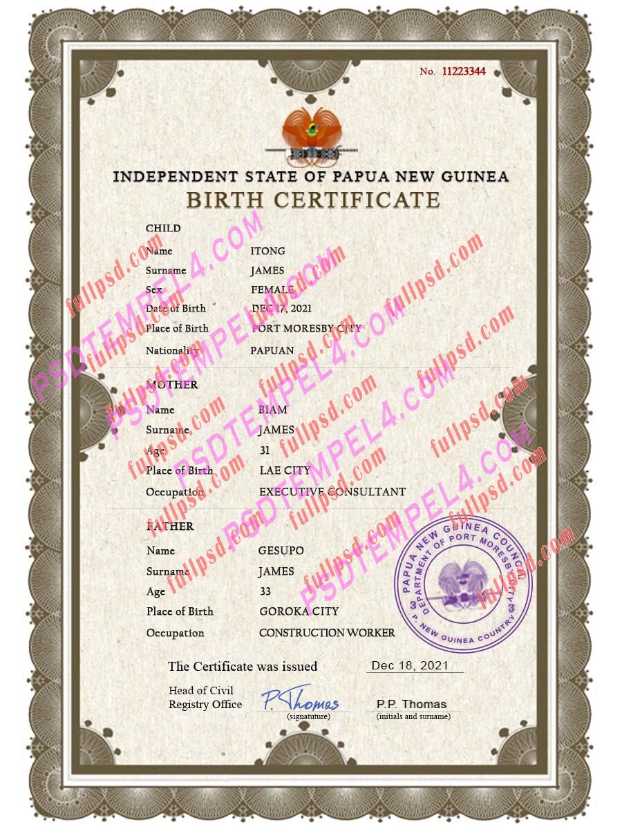 Papua New Guinea Birth certificate PSD