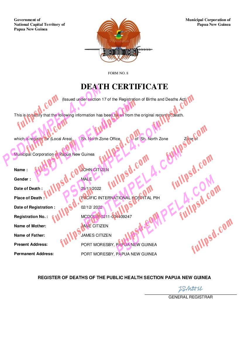 Papua New Guinea death certificate pdf and word