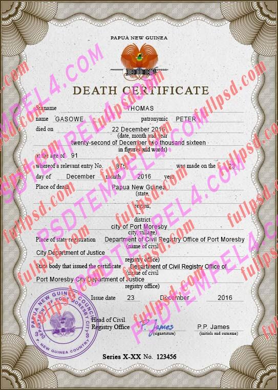 Papua New Guinea death certificate psd