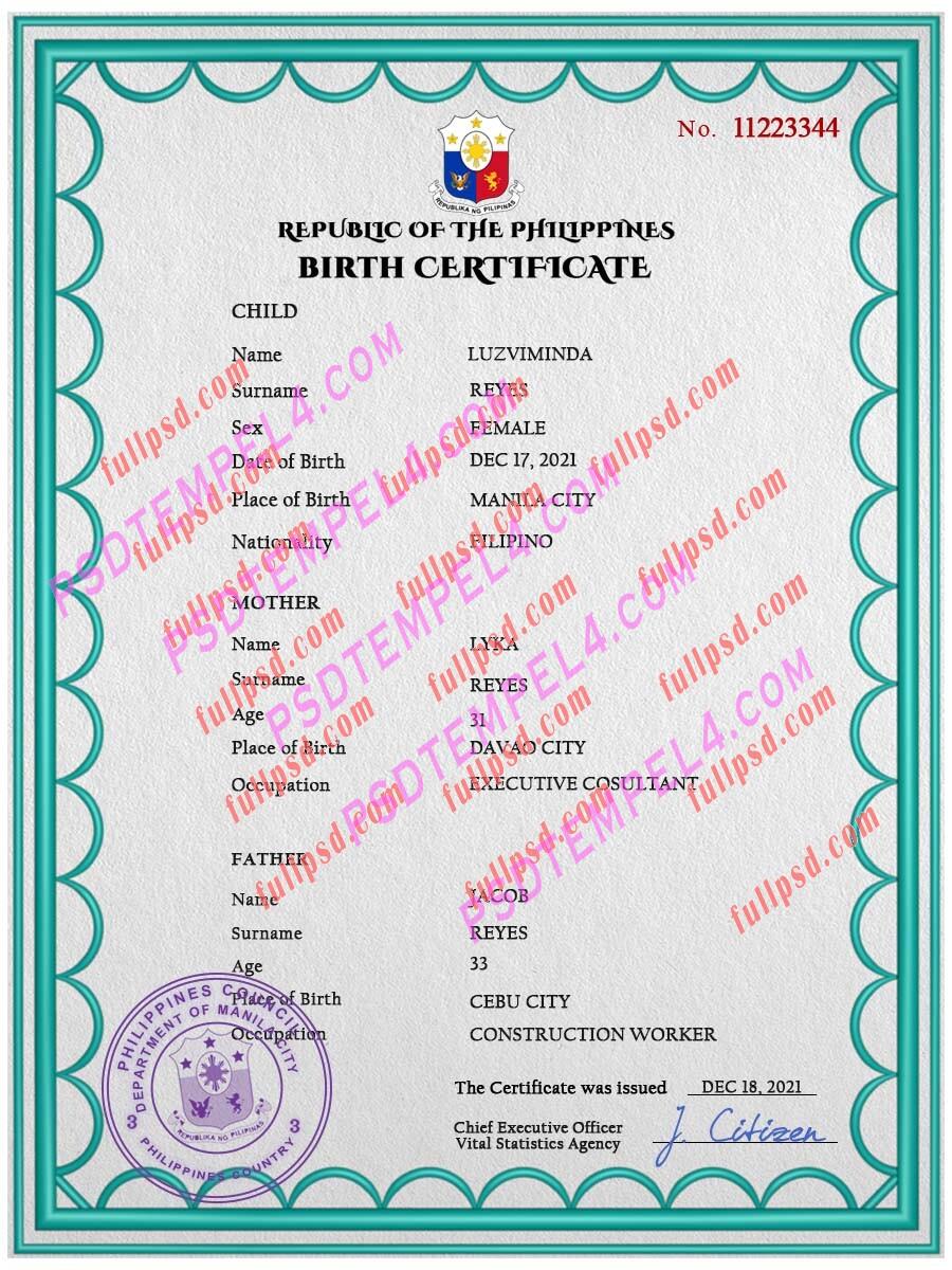 Philippines Birth certificate V2 PSD