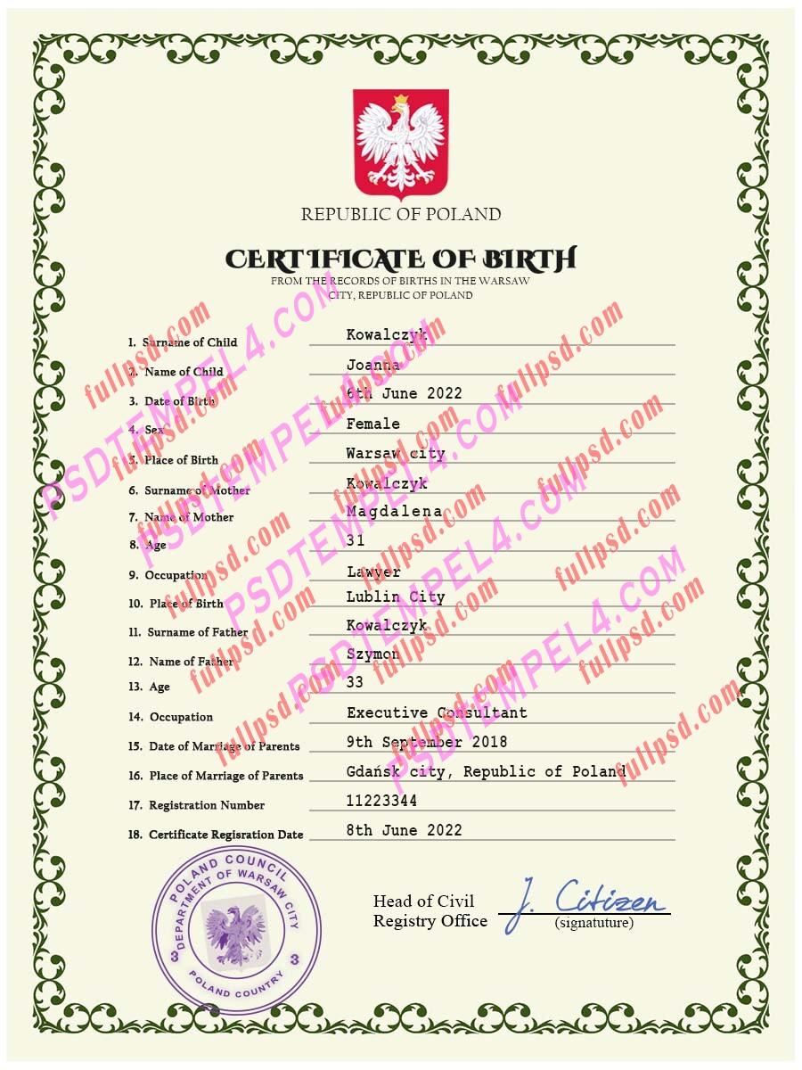 Poland Birth certificate PSD