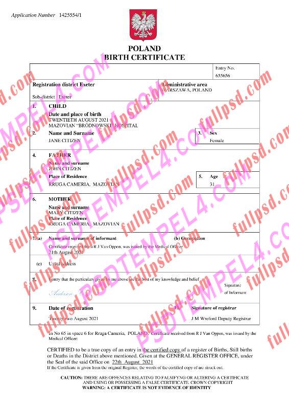 Poland Birth certificate pdf and word