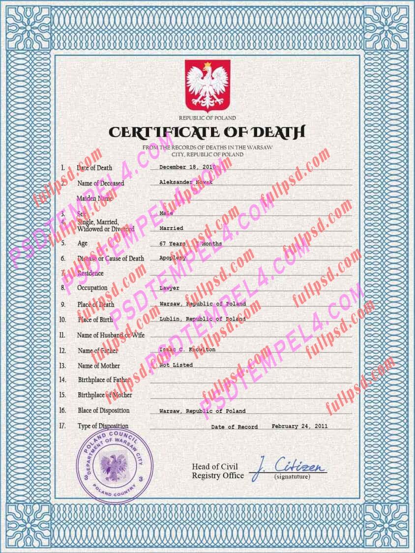 Poland death certificate psd