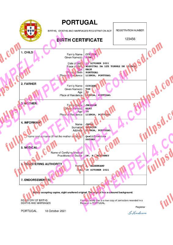 Portugal Birth certificate pdf and word