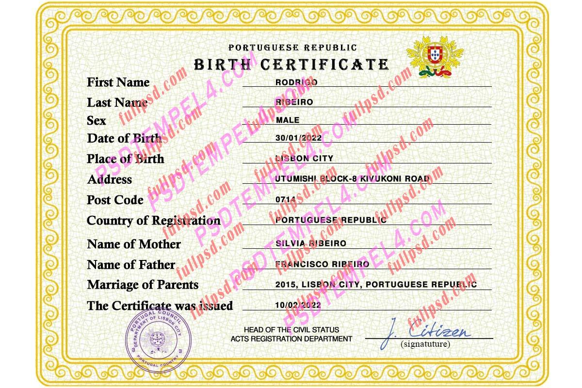 Portugal Birth certificate PSD