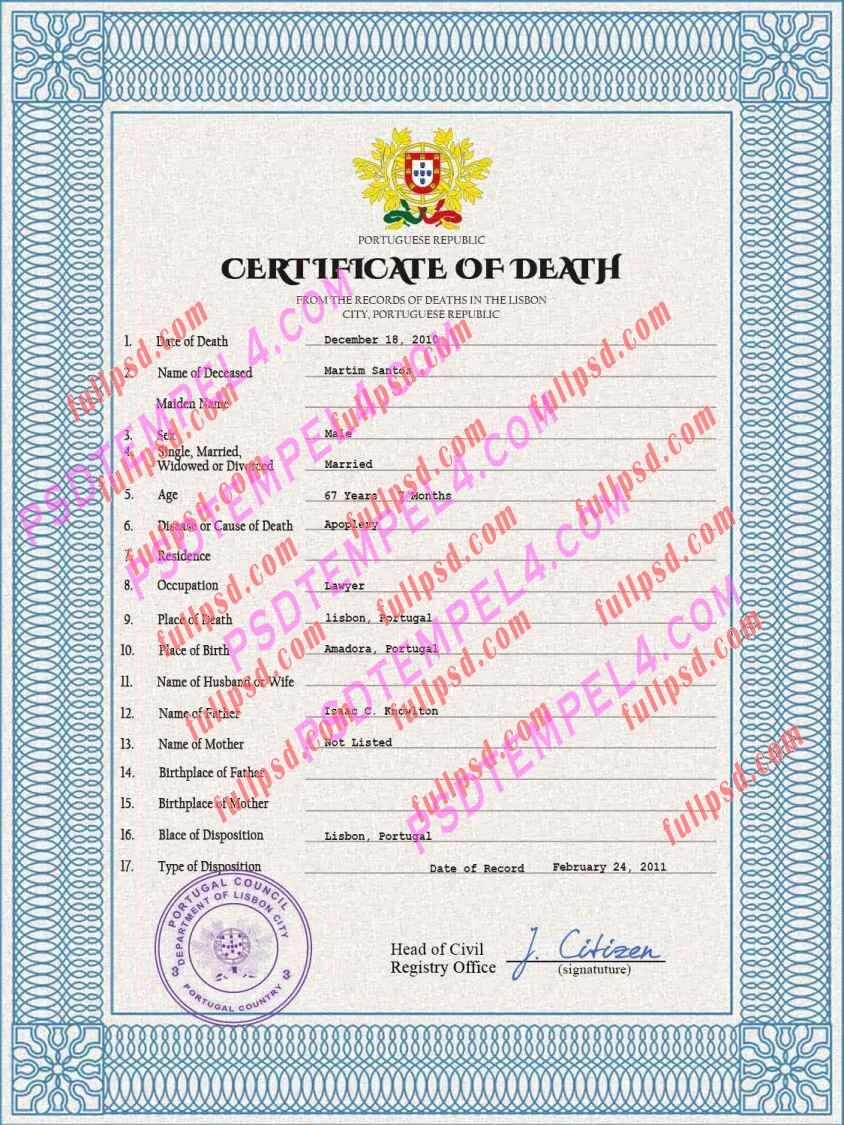Portugal death certificate psd