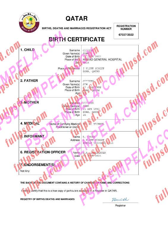 Qatar Birth certificate pdf and word