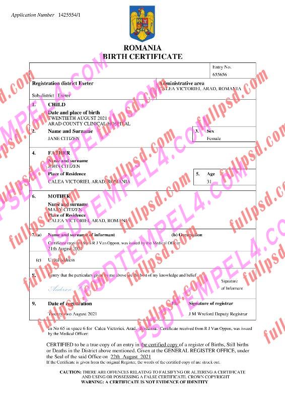 Romania Birth certificate pdf and word