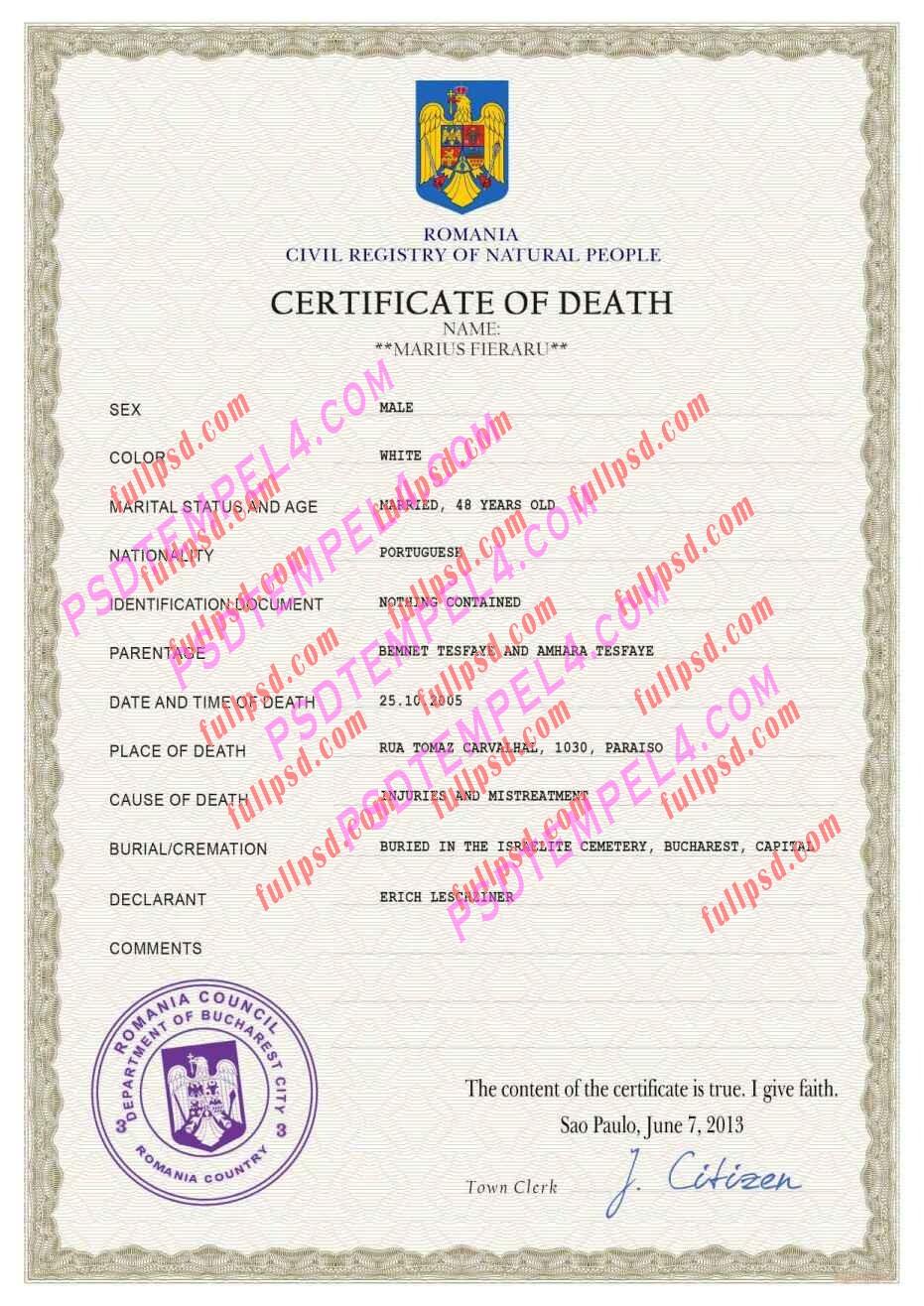 Romania death certificate psd