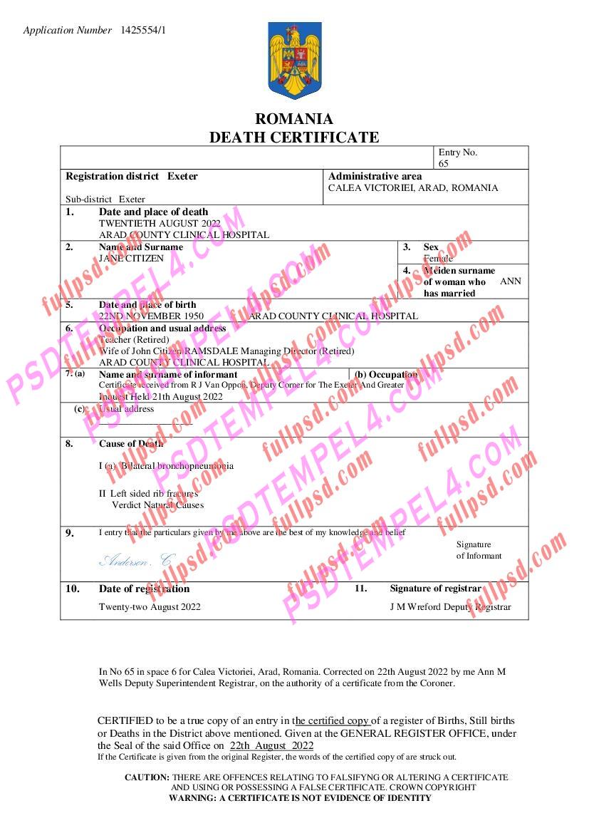 Romania death certificate pdf and word