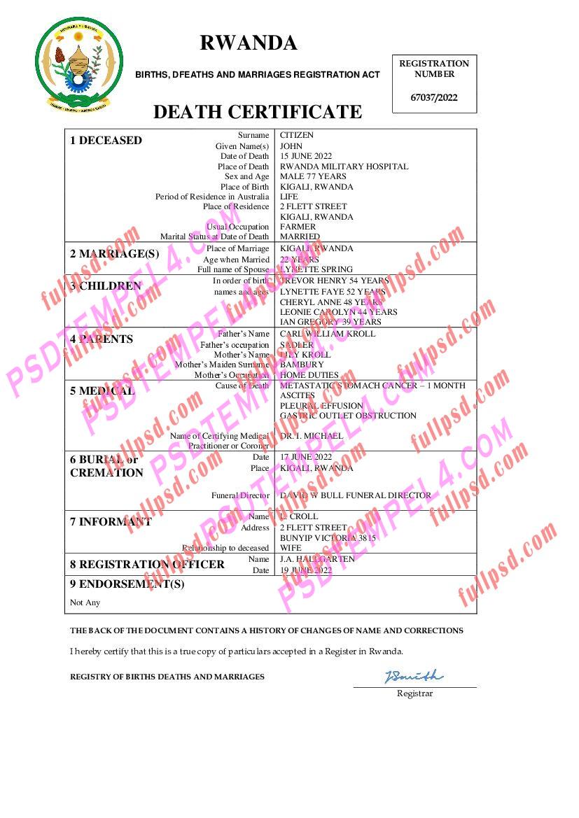 Rwanda death certificate pdf and word