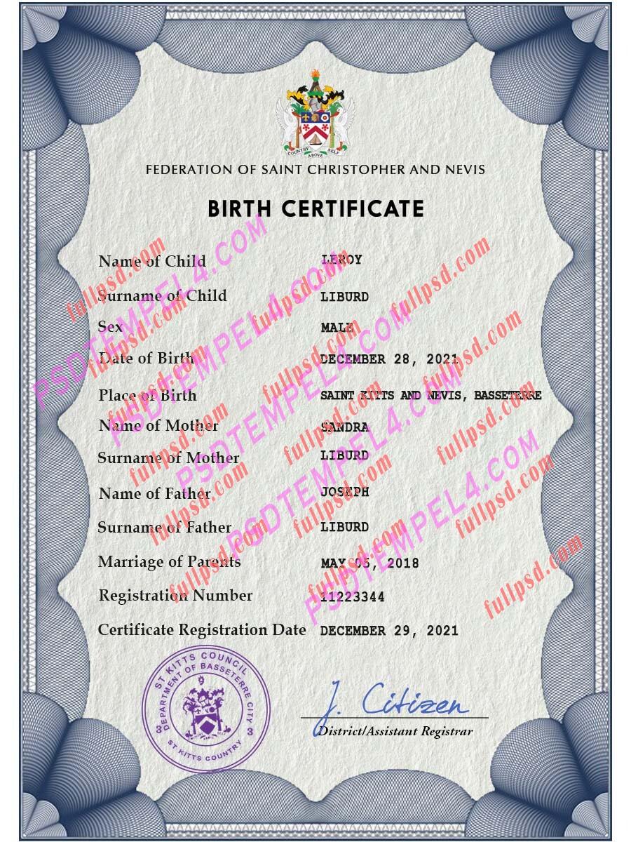 Saint Kitts and Nevis Birth certificate PSD