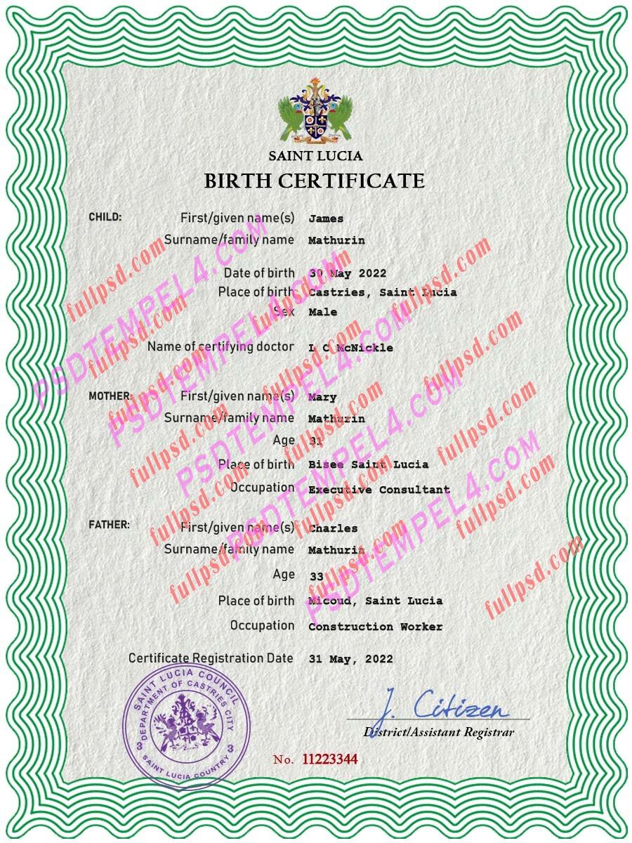 Saint Lucia Birth certificate PSD