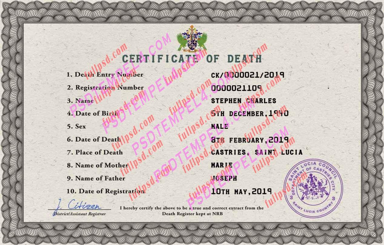 Saint Lucia death certificate psd