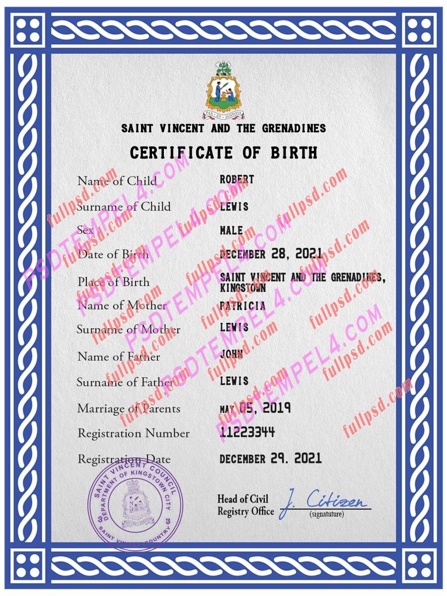 Saint Vincent and the Grenadines Birth certificate PSD