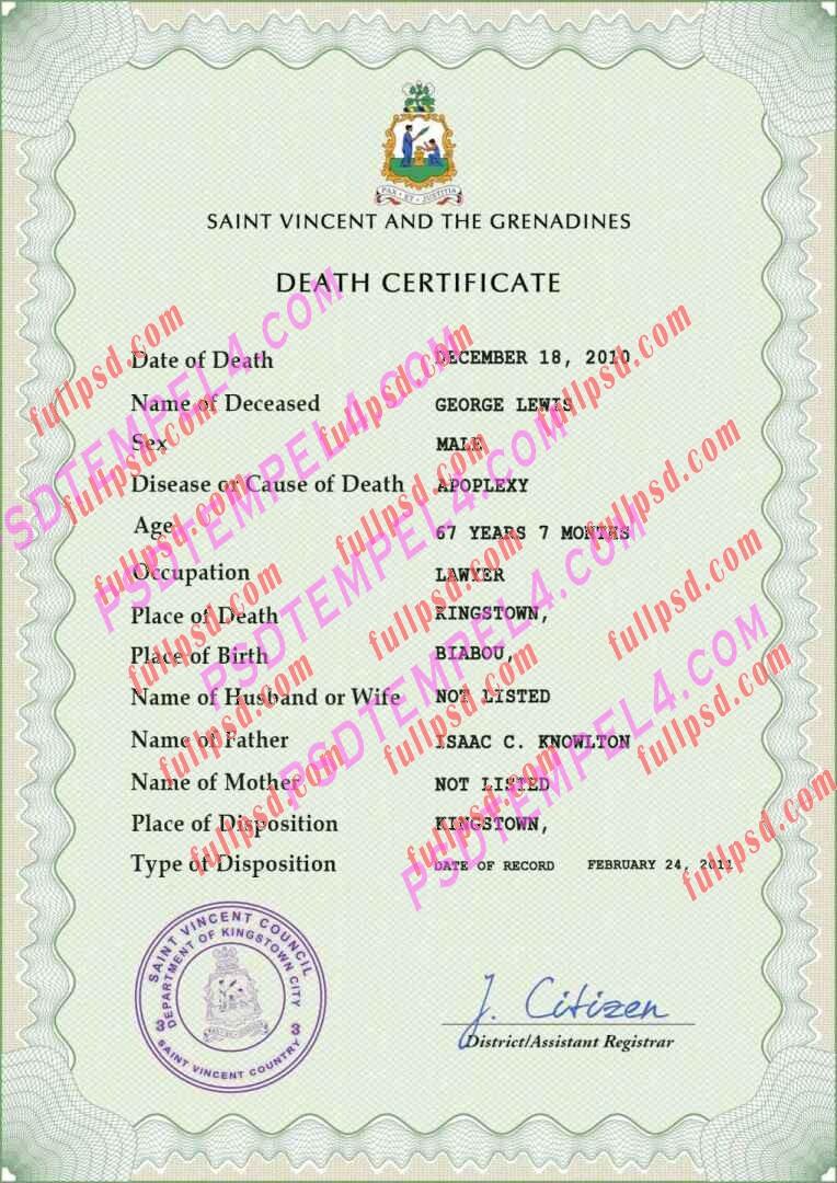 Saint Vincent and the Grenadines death certificate psd