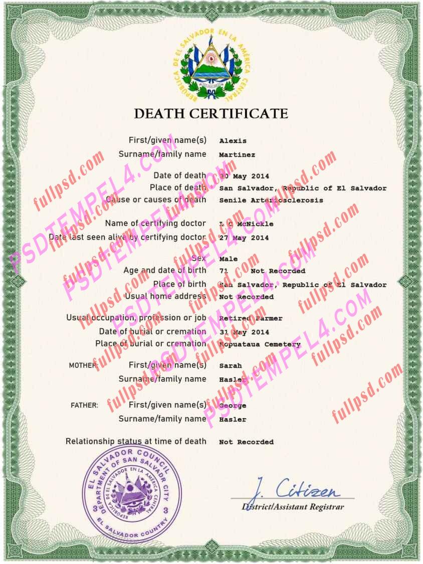 Salvador death certificate psd