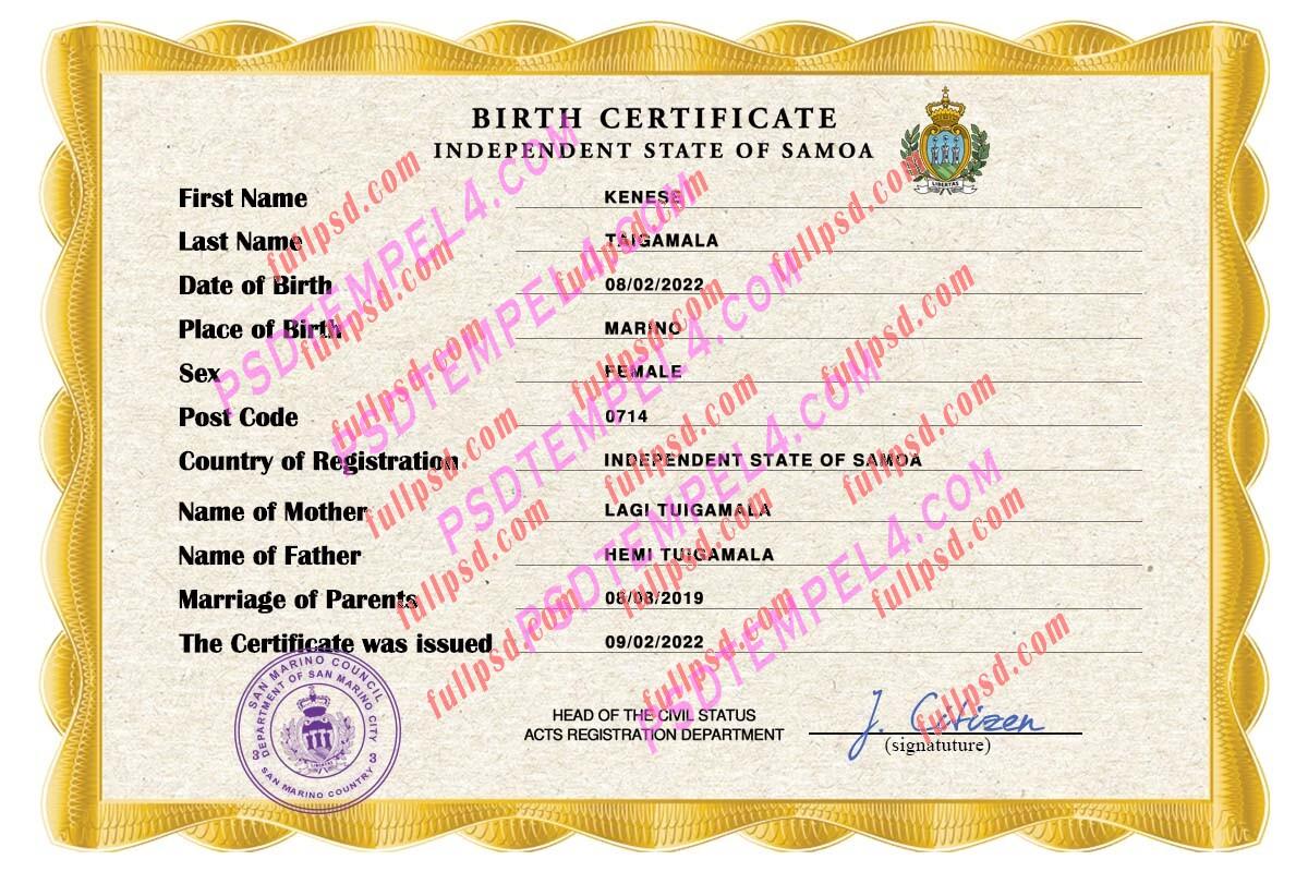 Samoa Birth certificate PSD