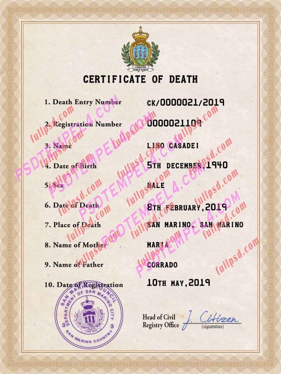 San Marino death certificate psd