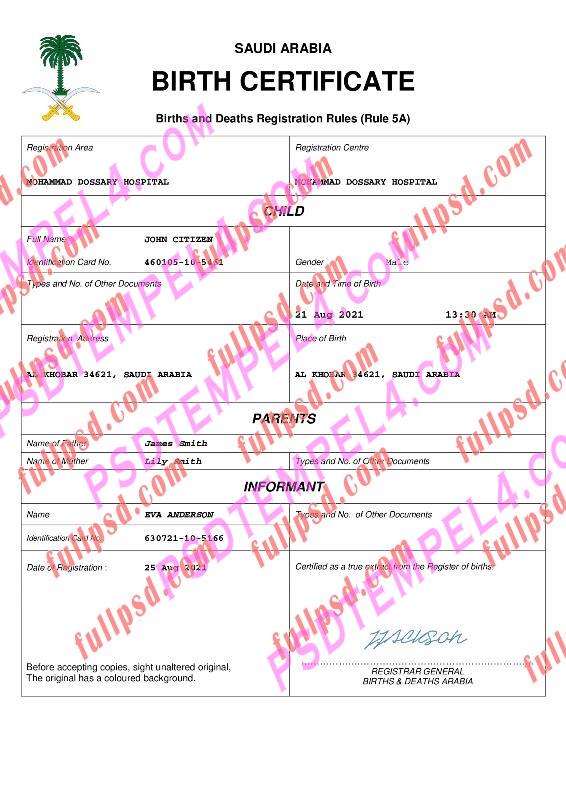 Saudi Arabia Birth certificate pdf and word