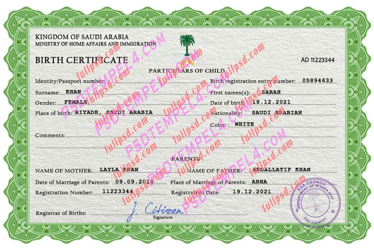 Saudi Arabia Birth certificate PSD