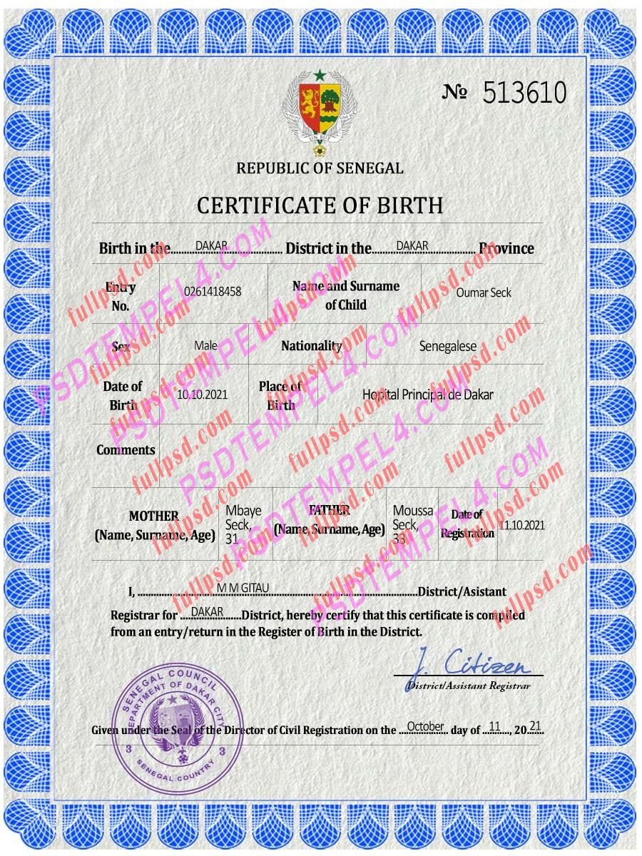 Senegal Birth certificate PSD