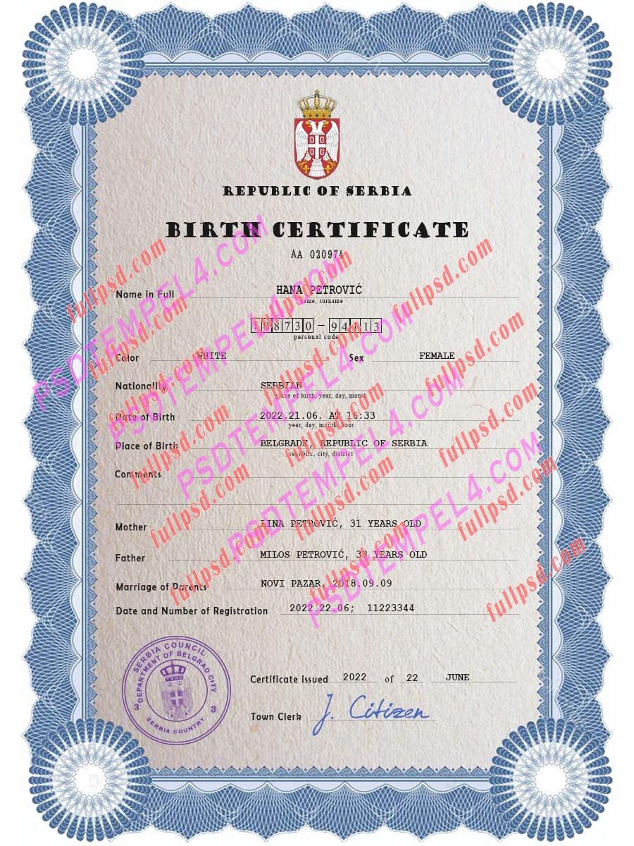 Serbia Birth certificate PSD