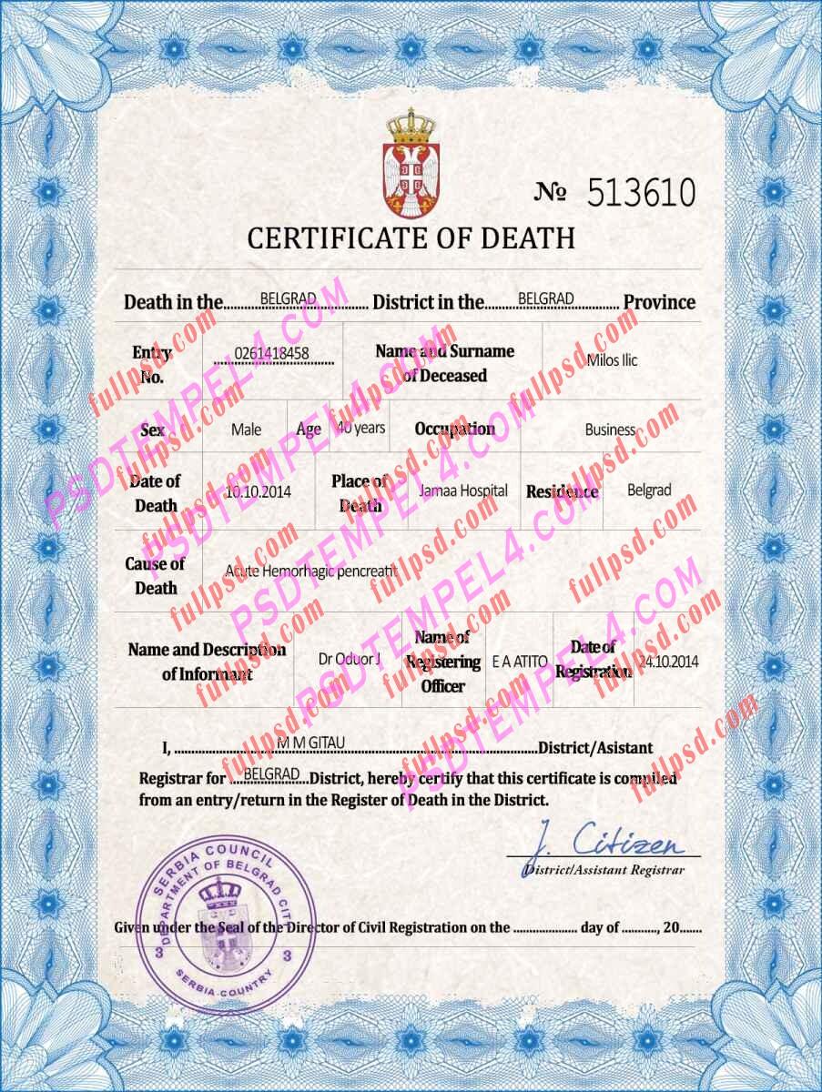Serbia death certificate psd