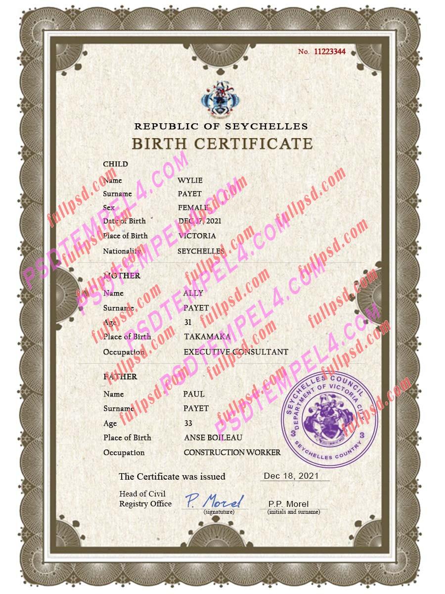 Seychelles Birth certificate PSD