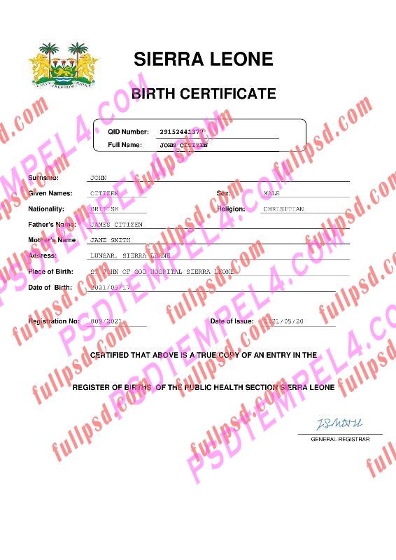 Sierra Leone Birth certificate pdf and word