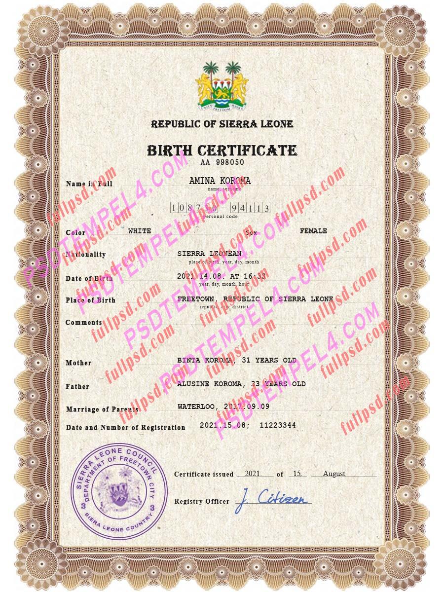Sierra Leone Birth certificate PSD