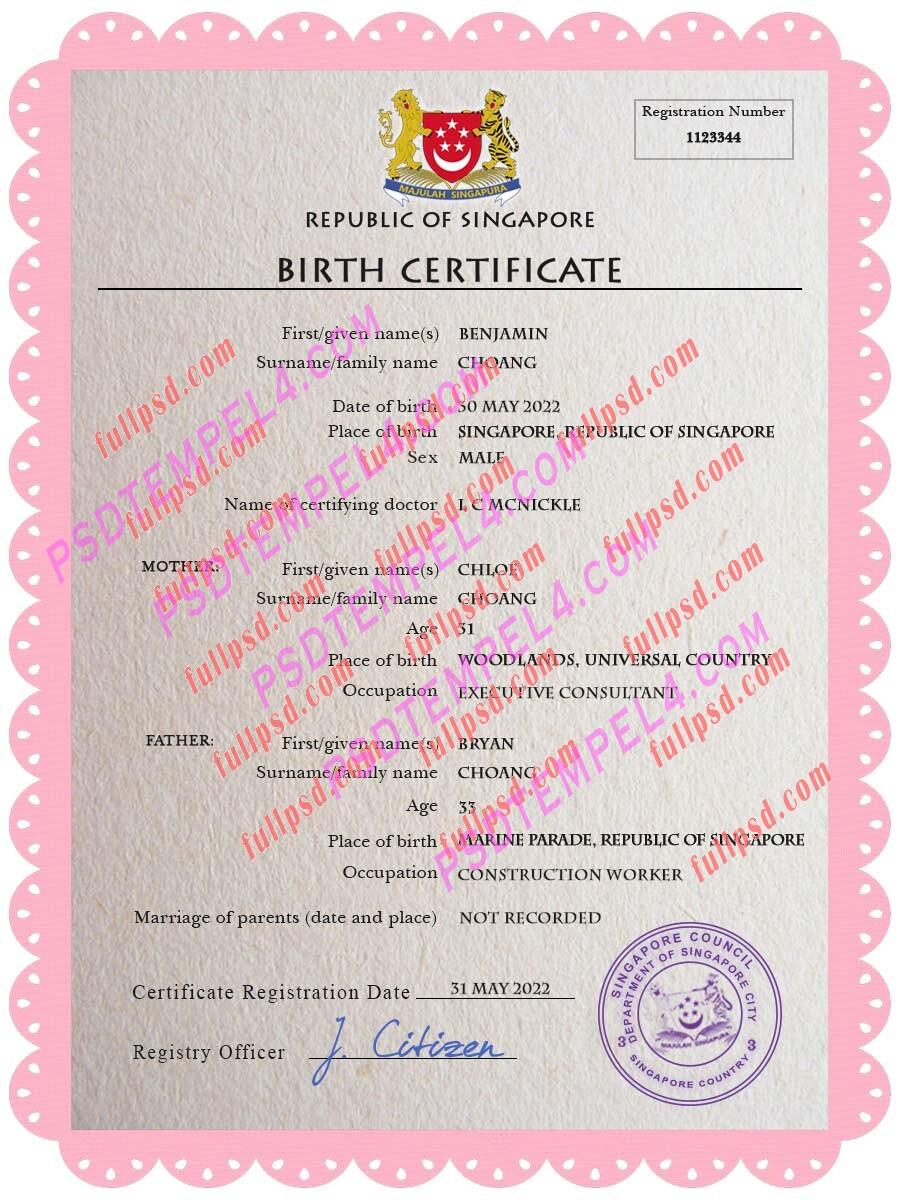Singapore Birth certificate PSD