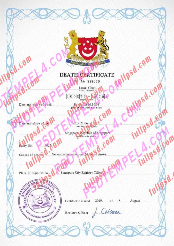 Singapore death certificate psd