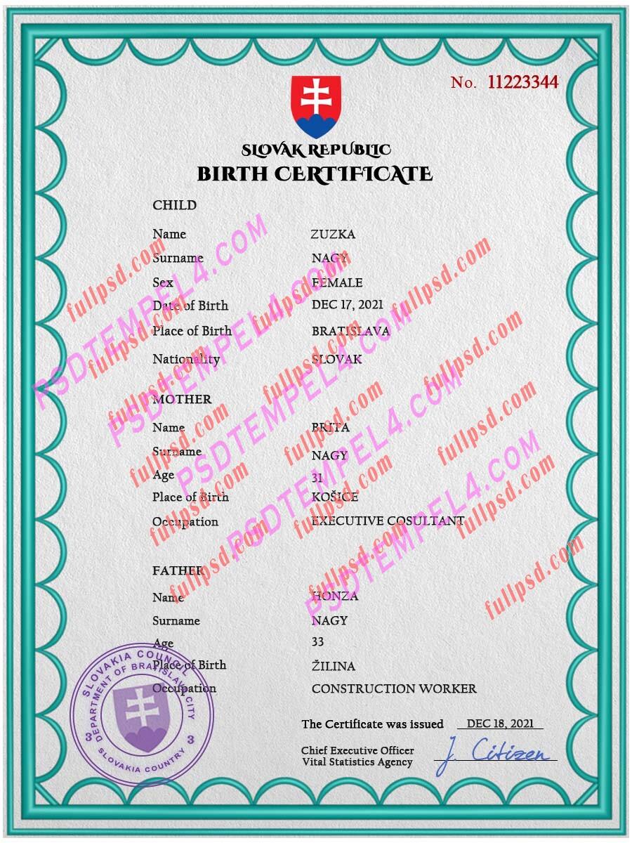 Slovakia Birth certificate PSD
