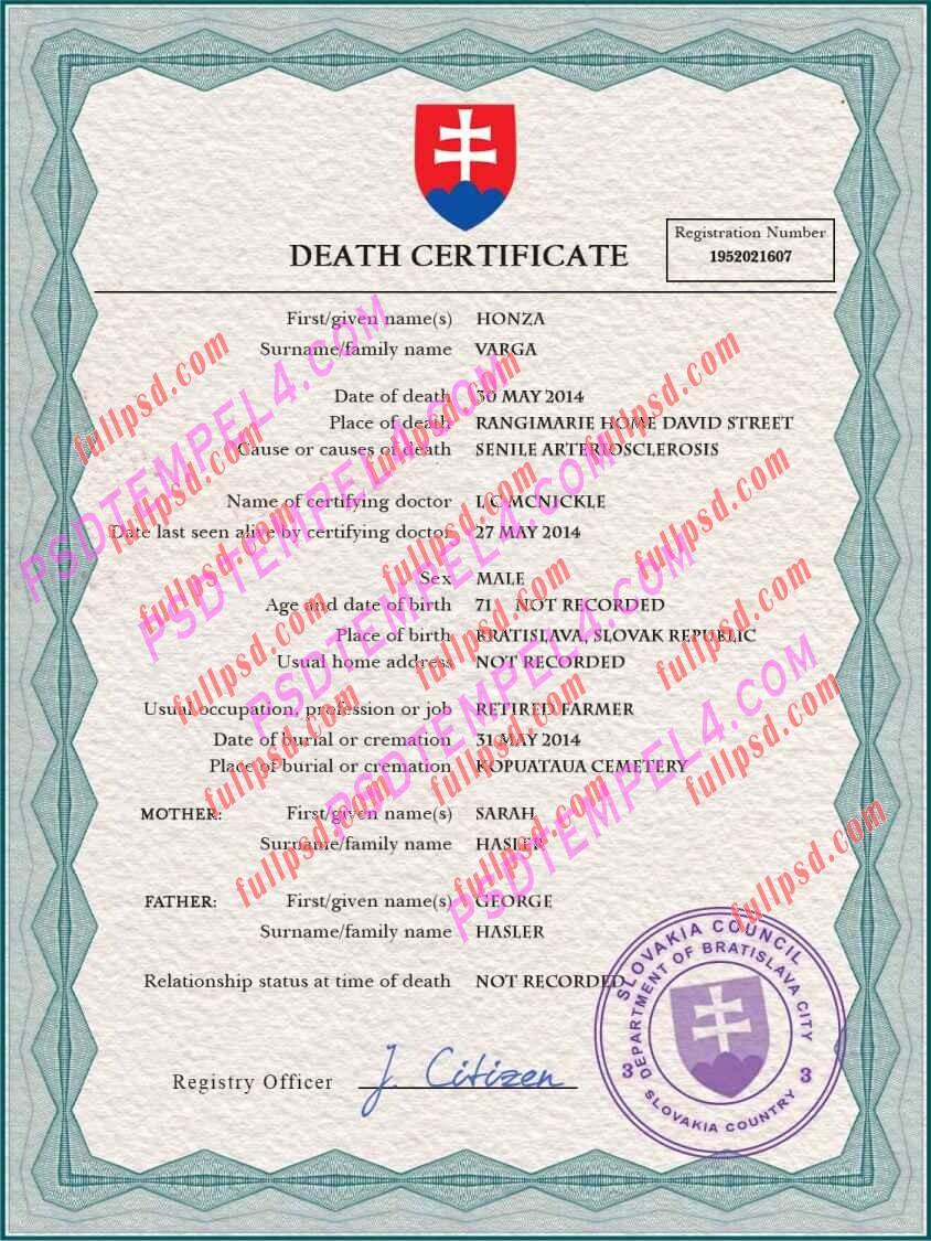 Slovakia death certificate psd