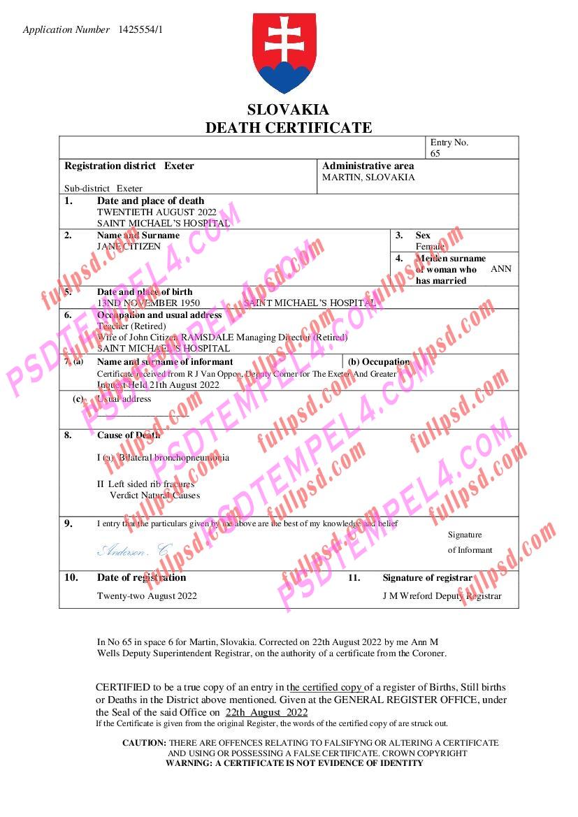 Slovakia death certificate pdf and word