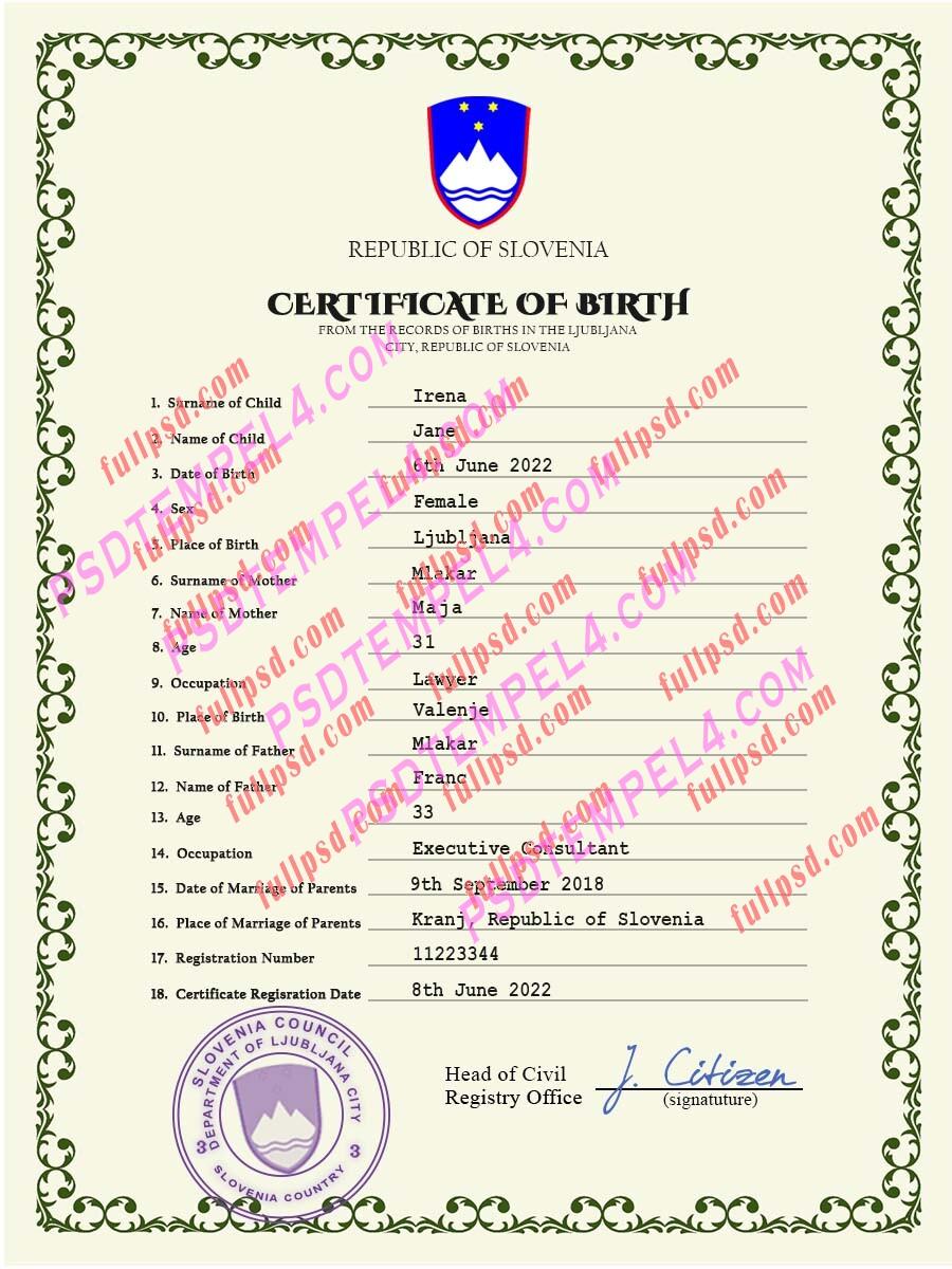 Slovenia Birth certificate PSD