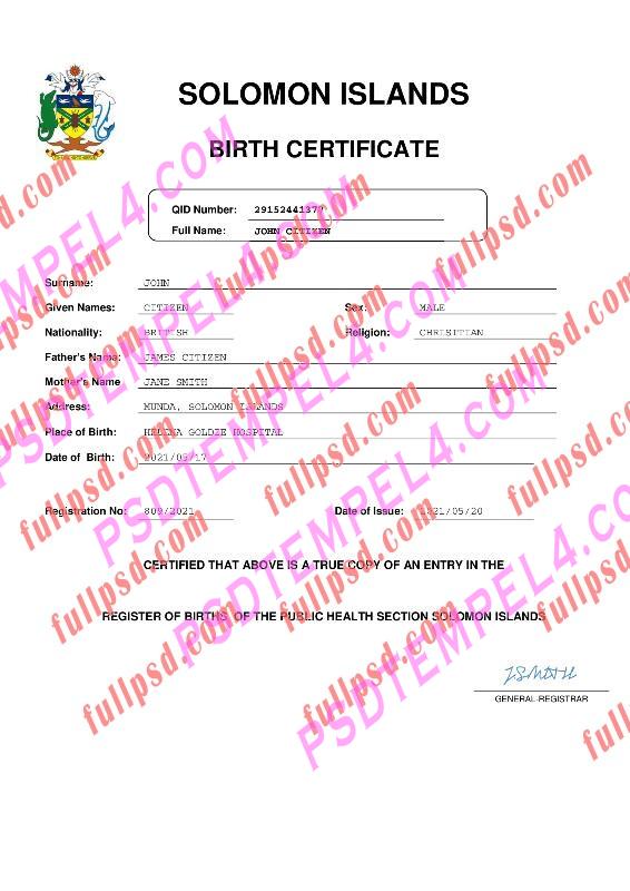 Solomon Islands Birth certificate pdf and word