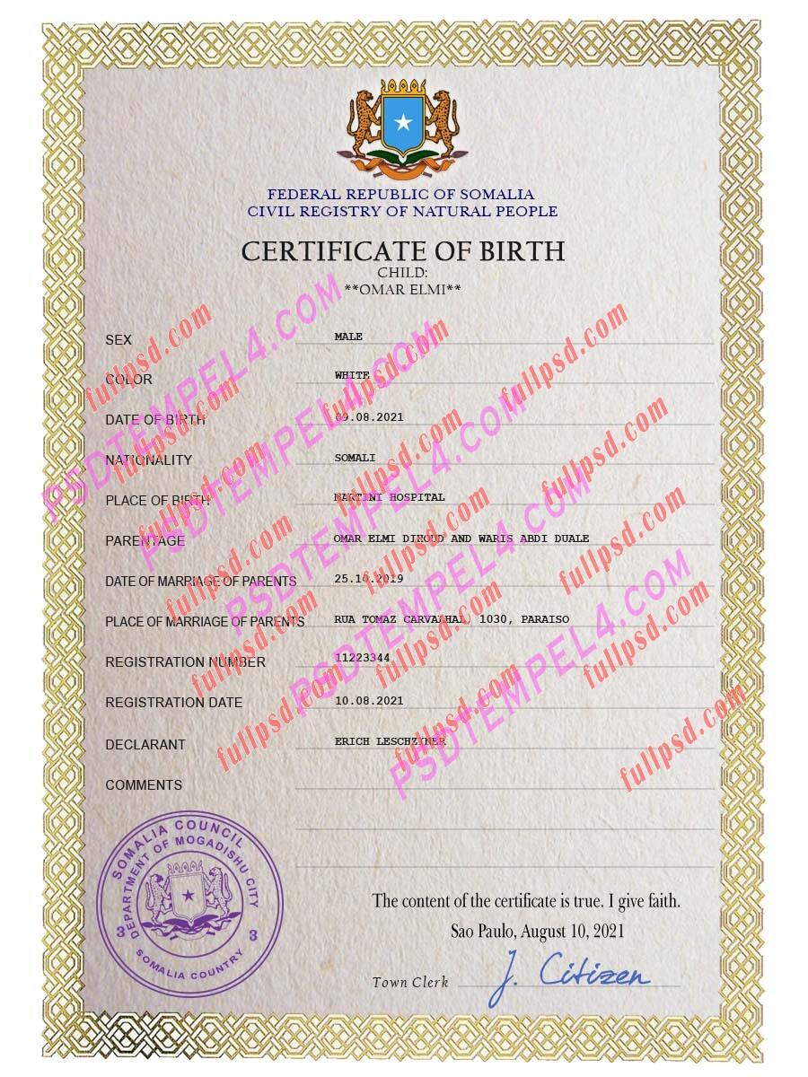 Somalia Birth certificate PSD