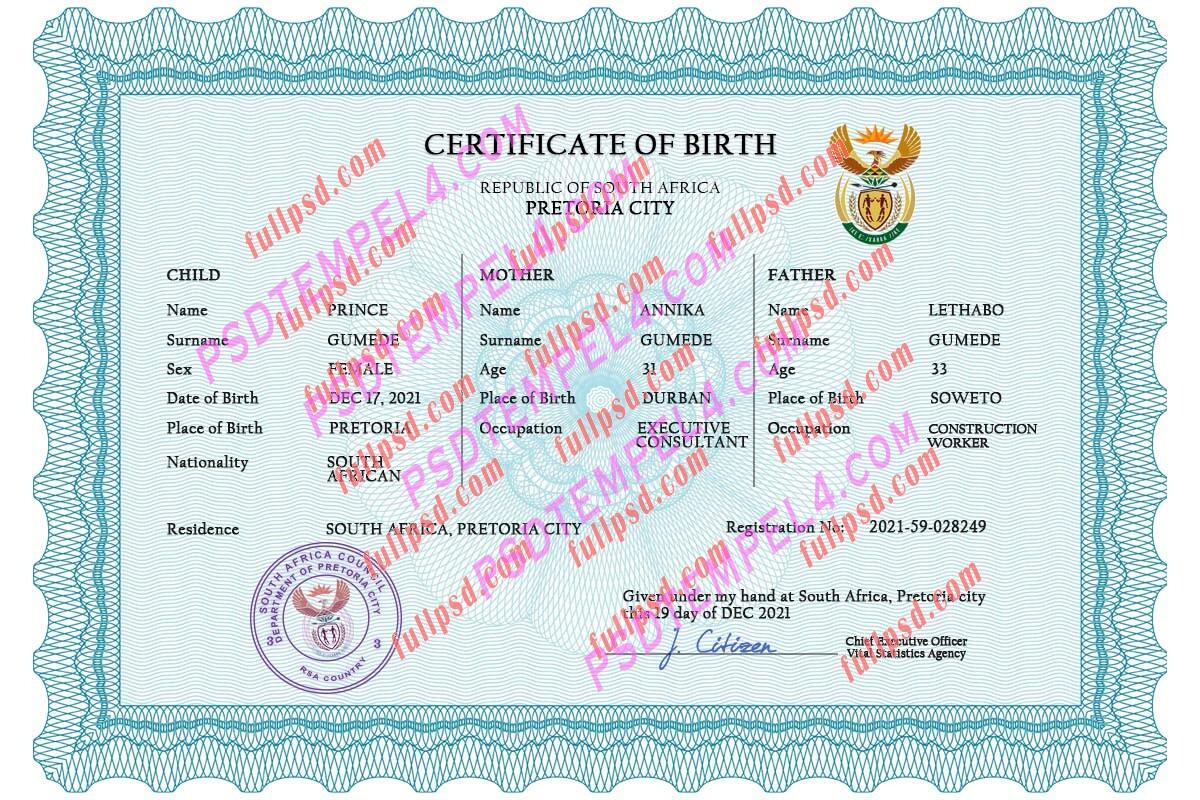 South Africa Birth certificate PSD
