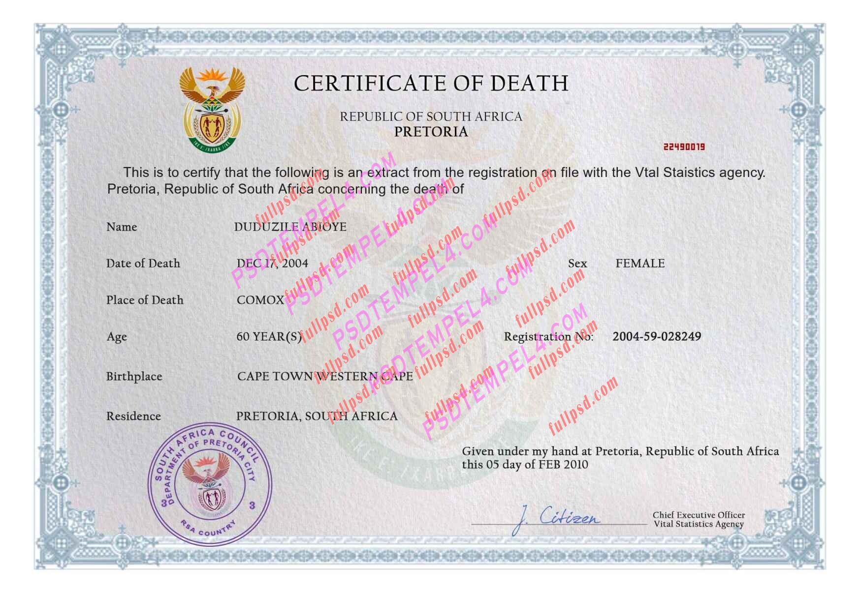 South Africa death certificate psd