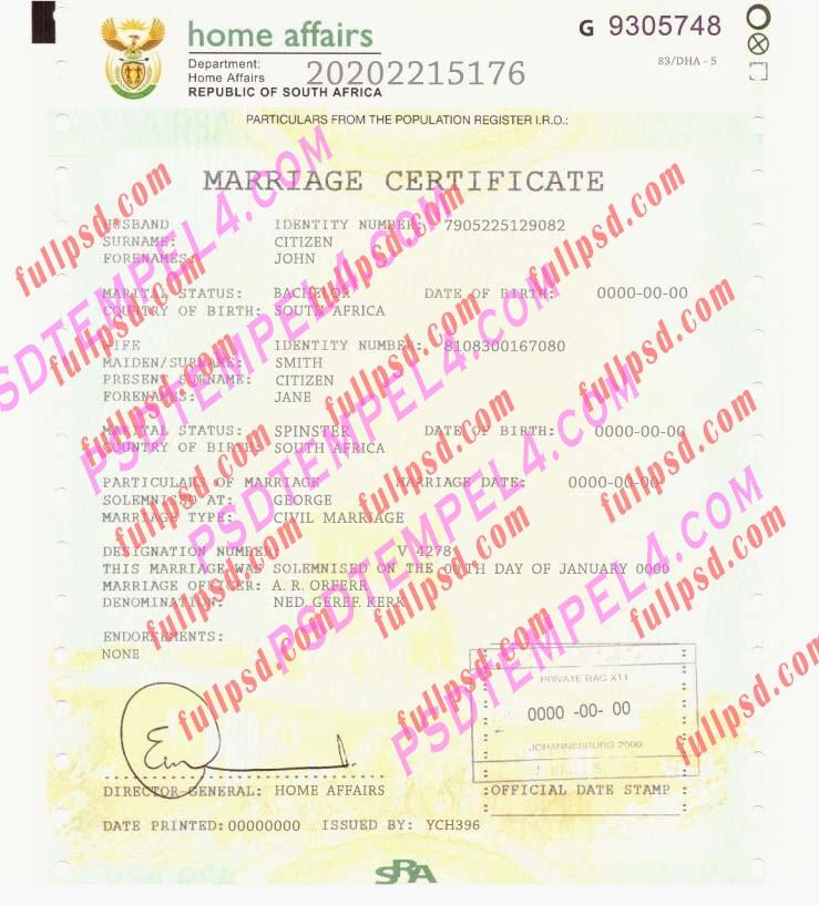 South Africa marriage certificate psd